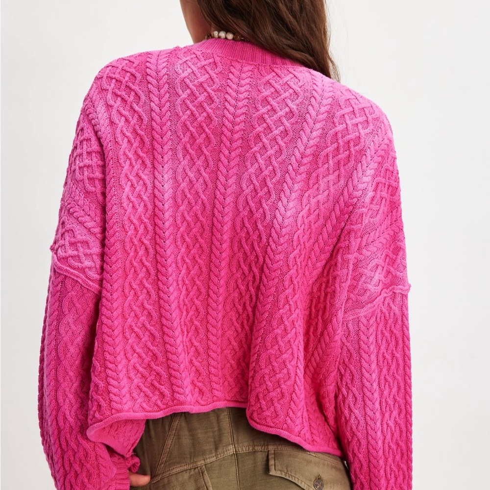 NWT Free People Washed Ashore Cardigan Pink Oversized Cable Knit Sz M - Picture 2 of 4